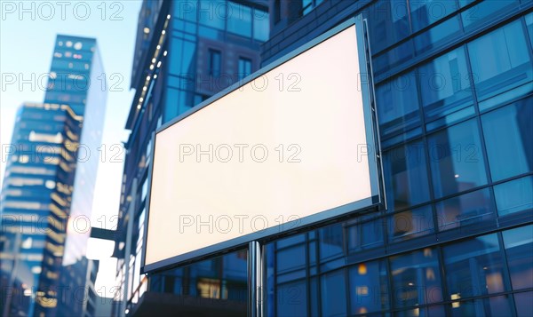 Blank screen banner mockup displayed on the modern building facade. Close Up view AI generated