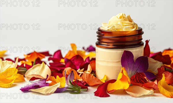 Creme jar blank mockup adorned with flower petals in various hues AI generated