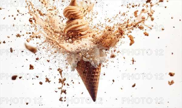 Ice cream cone explosion on white background AI generated