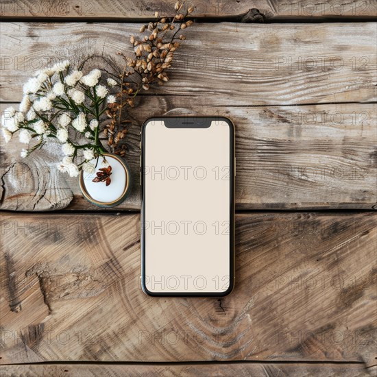Smartphone mockup with a blank screen on a rustic wooden table background AI generated