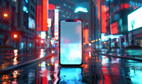 Smartphone mockup with a blank screen on a vibrant cityscape background AI generated