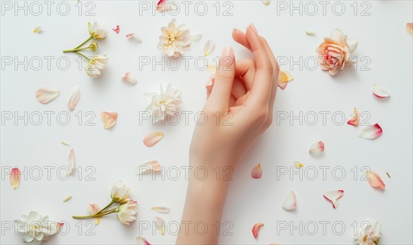 Woman's hand on white background with flower petals around AI generated