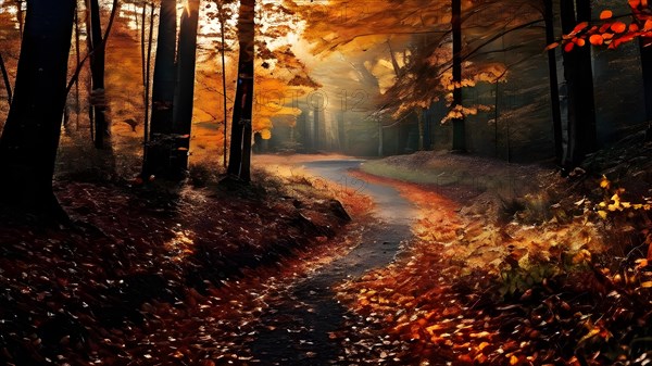 Autumn forest with a winding trail strewn with leaves in hues of orange red and yellow, AI generated
