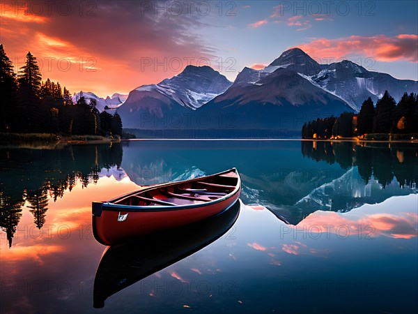 Canoe lies tranquilly atop a mirror like lake surface with sunrise gently kissing the sky, AI generated