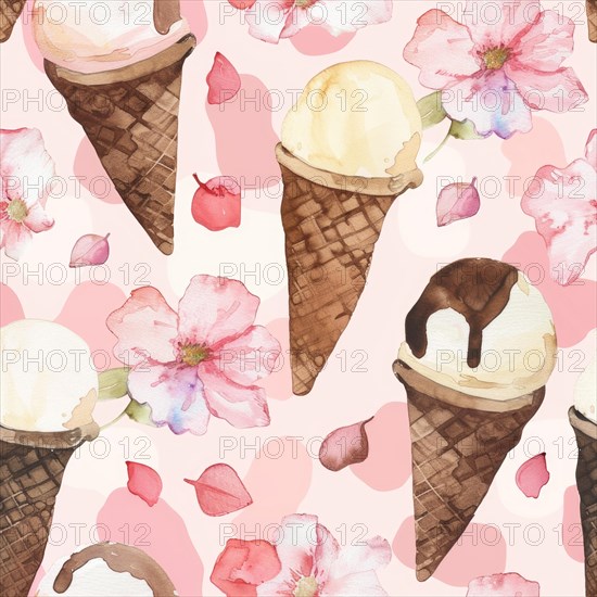 Neapolitan ice cream slices on a watercolor abstract background, seamless pattern AI generated