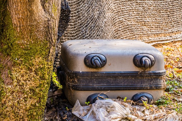 Old suitcase beside a tree trunk and mesh fabric hinting at environmental neglect, in South Korea