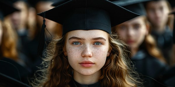 Solemn young woman in graduation cap at a ceremony, looking determined, AI generated