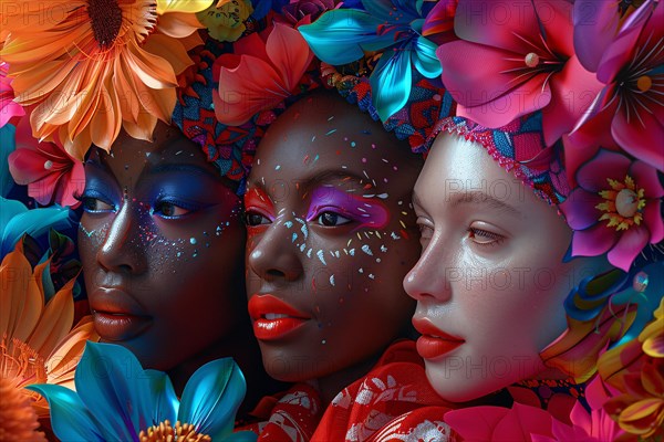 Artistic portrayal of women with vibrant floral designs and a fantasy feel, illustration, AI generated