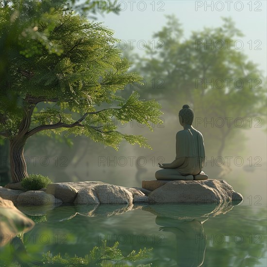 A Buddha statue meditating by a foggy lake under a tree, image depicting relaxation, recreation, serenity, naturalness, meditation, enjoyment concepts, AI generated