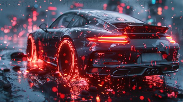 Classic german 2 door coupe Sports car under neon city lights in the rain with reflections on the wet surface under the rain, AI generated