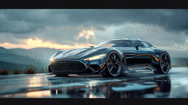 A sleek sports car parked on a wet surface, illuminated by ambient blue light under rainy conditions, AI generated