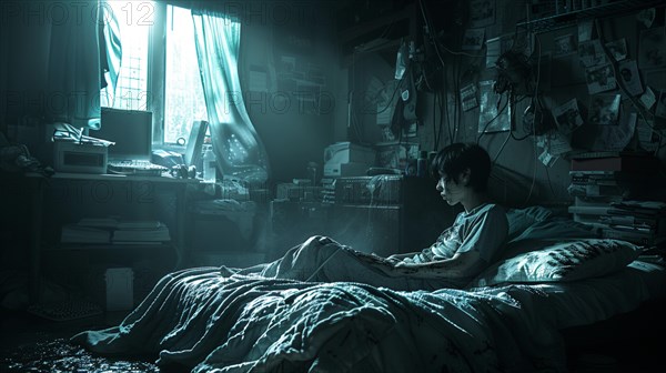 A young boy in a messy room lit by light through a window, evoking loneliness, creepy mood, AI generated