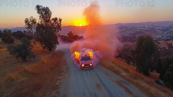 A pickup truck in flames kicking up dust on a dirt road at sunset in a tranquil countryside, AI generated