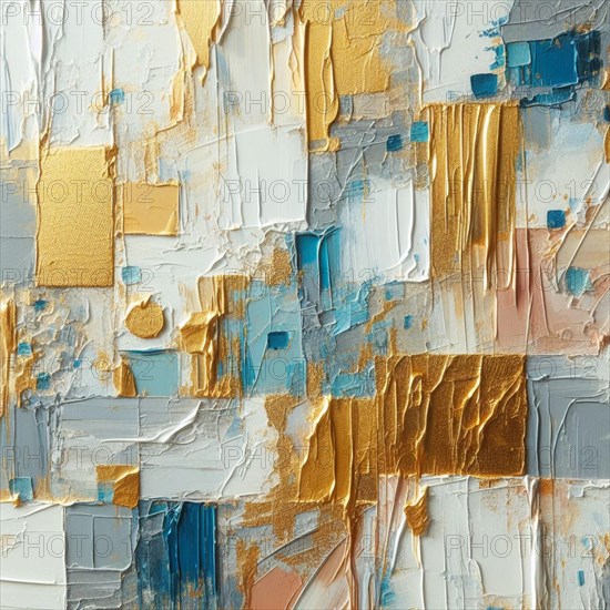Textured abstract art with gold leaf, blue and white tones, and dripping paint details, AI generated