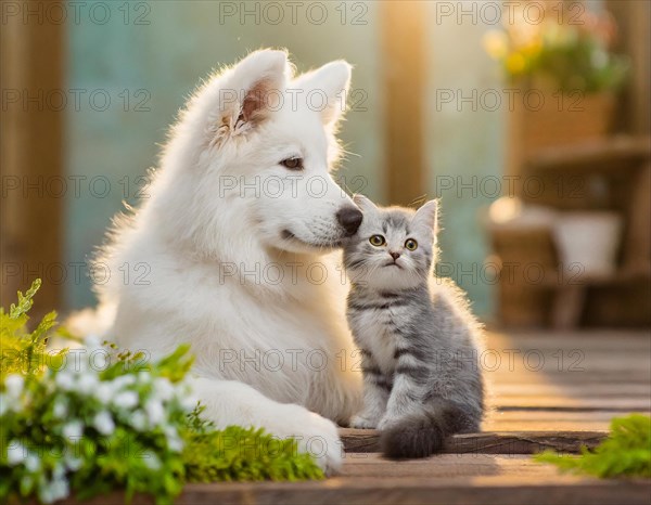 Dog, puppies of a white shepherd dog cuddling with a young white cat, AI generated, AI generated