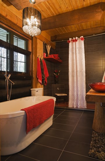 White freestanding bathtub, shower stall and red bowl sinks in main bathroom inside contemporary style log home, Quebec, Canada, North America