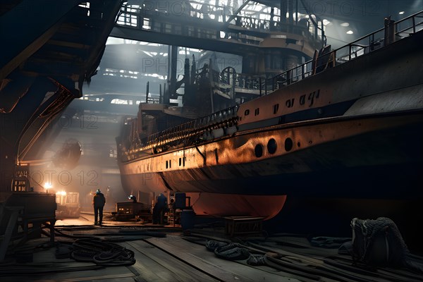 Close up ships hull under repair in seaport dry dock, AI generated