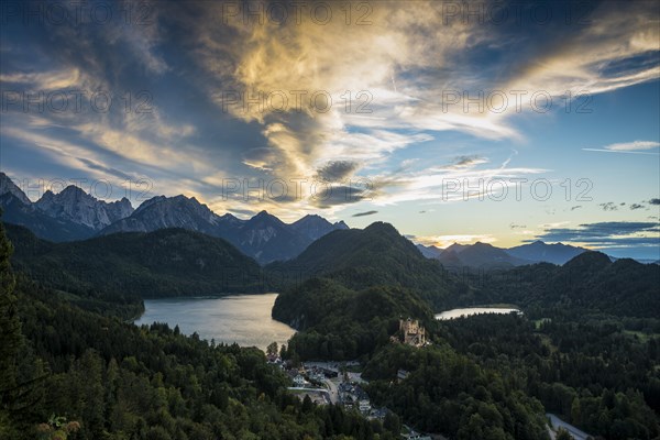 Hohenschwangau Castle, foehn storm, sunset, near Fuessen, Ostallgaeu, Allgaeu, Bavaria, Germany, Europe