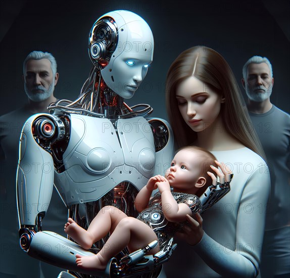 A humanoid robot and a human woman with a baby, a cyborg, symbolic image cybernetics, science fiction, technology, love, emotion, AI generated, AI generated