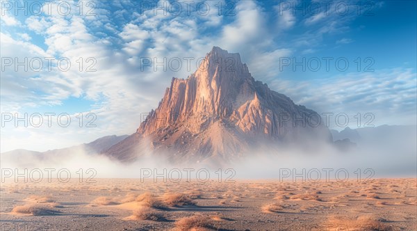 A dramatic mountain rises from a foggy desert landscape at sunrise, exemplifying natural beauty, ai generated, AI generated