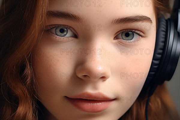 Close up of teenage girl's face with headphones. KI generiert, generiert, AI generated