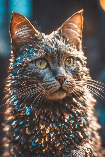 Cat with sparkling fur and green eyes, caught in sharp focus under warm lighting, ray tracing 3d sculpture, AI generated