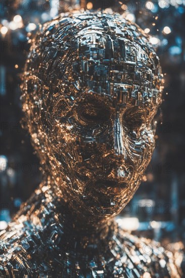 Close-up of a shimmering metallic abstract sculpture of a human head, ray tracing 3d sculpted AI generated