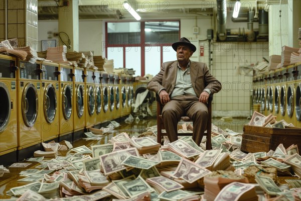 A man in an elegant suit sits relaxed on a chair, surrounded by washing machines and bundles of banknotes, symbolising money laundering, illegally obtained money, AI generated, AI generated, AI generated