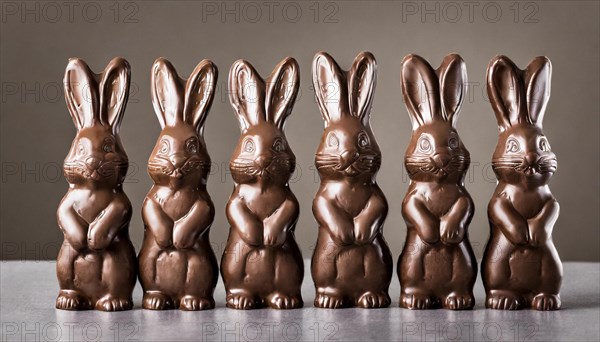 Six brown chocolate bunnies lined up in a row, Easter symbol, AI generated, AI generated