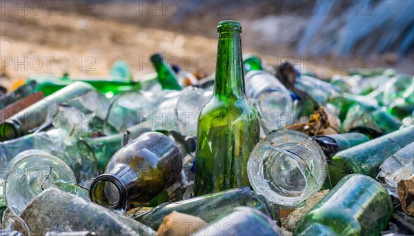 Used glass in a pile, only empty bottles, AI generated, AI generated