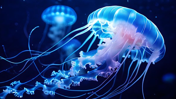Deep sea jellyfish glowing with bioluminescence intricate patterns illuminating the dark sea, AI generated