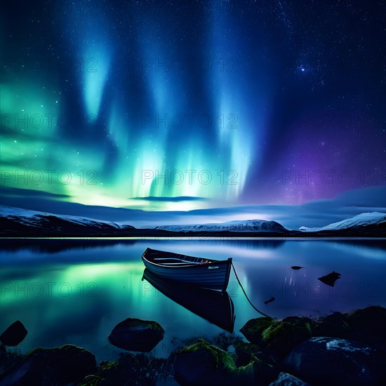 Tranquil waters aurora borealis illuminating the night sky with a one boat on the lake, AI generated