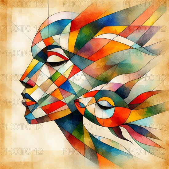 Bold cubist abstract of a woman's profile with a stylized fish in vivid colors, square aspect, AI generated