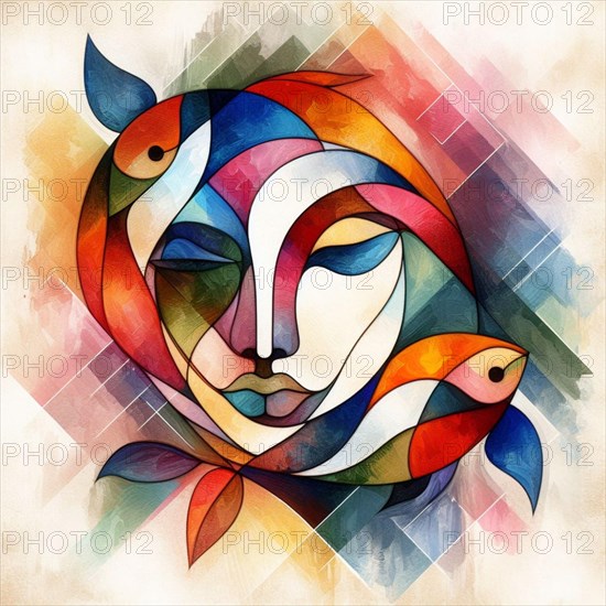 Serene abstract of a woman's face with fish using cubism and soft pastel colors, square aspect, AI generated