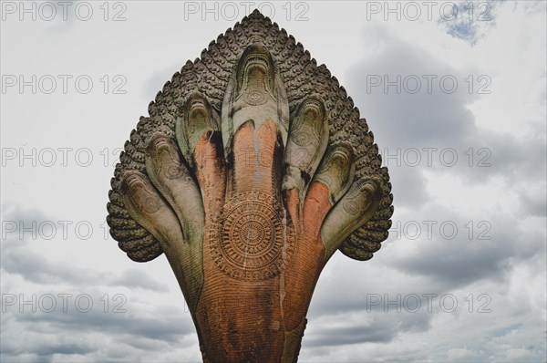 Seven heads Naga mythical creature sculpture in Angkor Wat in Siem reap, Cambodia, Asia