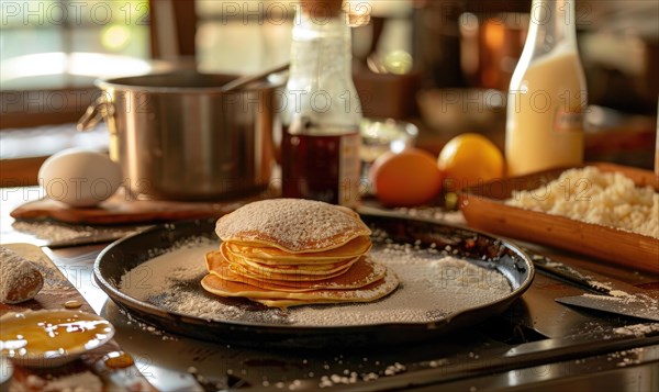 A stack of fluffy pancakes on a rustic plate with syrup pouring and powdered sugar AI generated
