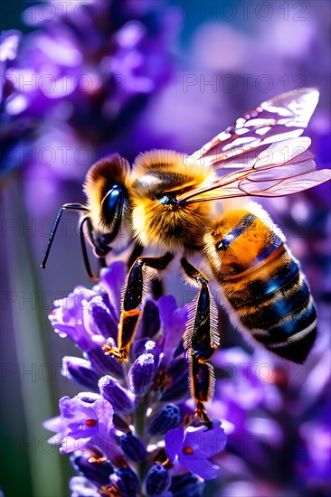 Bee harvesting nectar in a sea of lavender, AI generated