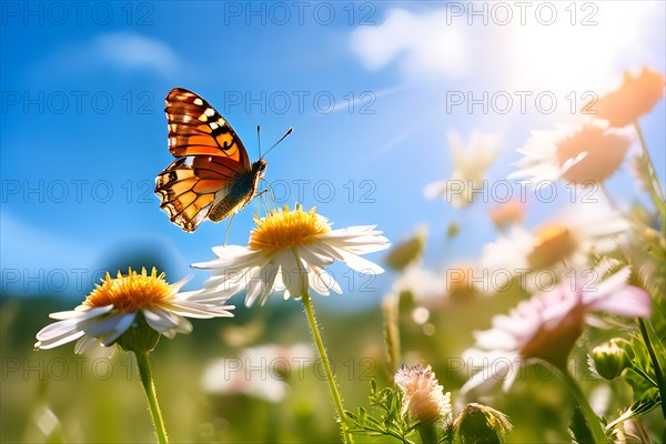 Imperial cloak butterfly flying in a blooming garden expressing summer wildlife, AI generated