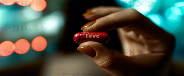 Female Fingers holding a red pill with the word 'love' imprinted, bokeh lights in the background, AI generated