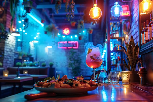 A vibrantly lit bar scene with a focus on a colorful cocktail in a smoky atmosphere, AI generated