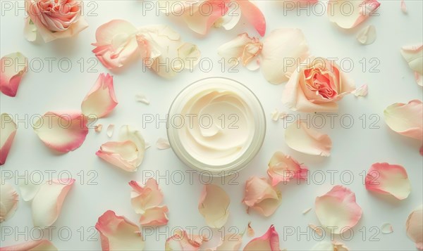 Blank creme jar mockup encircled by pastel flower petals on a white background, top view AI generated