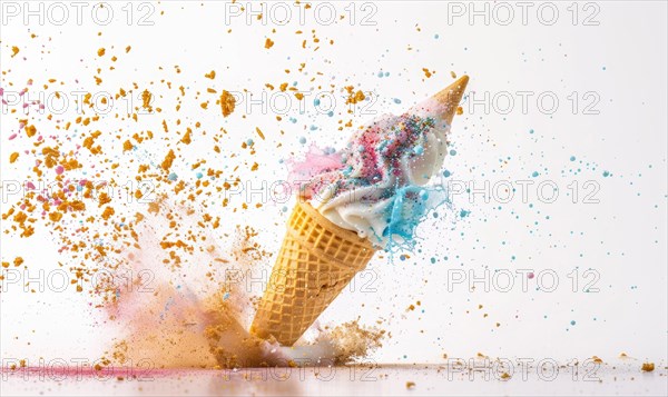 Ice cream cone explosion on white background AI generated