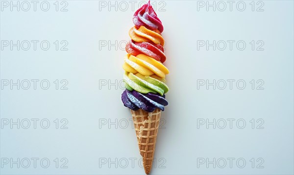 Rainbow-colored ice cream cone on white background AI generated