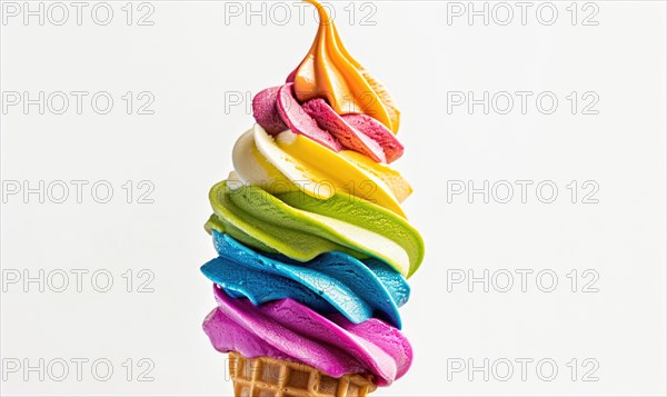 Rainbow-colored ice cream cone on white background AI generated