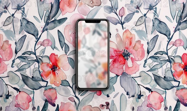 Smartphone mockup on watercolor floral patter AI generated