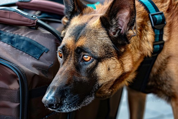 Close up of German Shepherd dog with luggage, KI generiert, generiert, AI generated