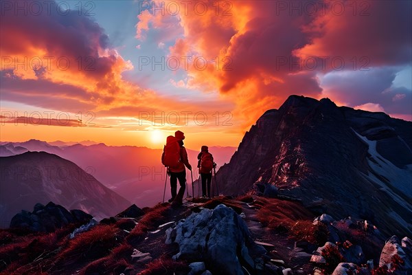 Sunrise summit embrace hikers amidst vibrant sunset sky, AI generated
