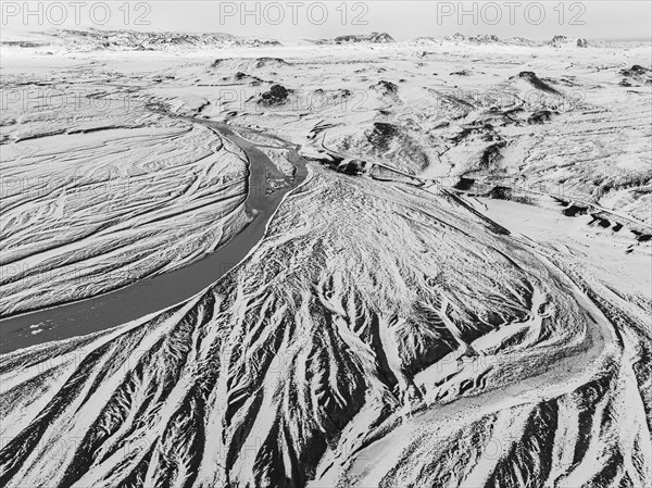 Overgrown river landscape, onset of winter, Fjallabak Nature Reserve, drone image, black and white image, Sudurland, Iceland, Europe