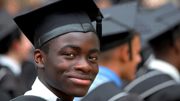 A content african young man in a black cap and gown smiles at a graduation ceremony, exuding optimism, AI generated