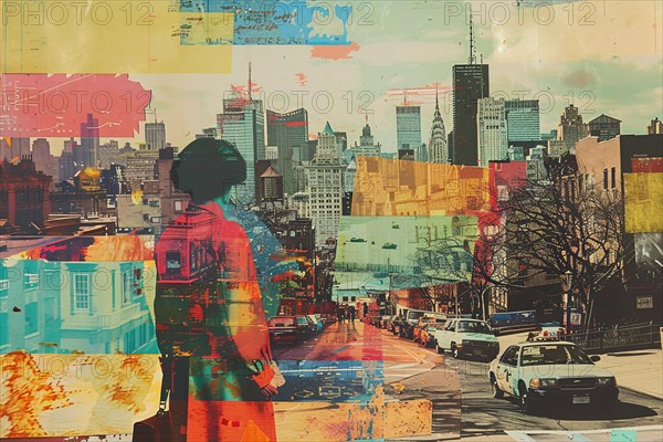 Silhouette of a woman against an abstract, colorful collage of urban cityscape at sunset, illustration, AI generated
